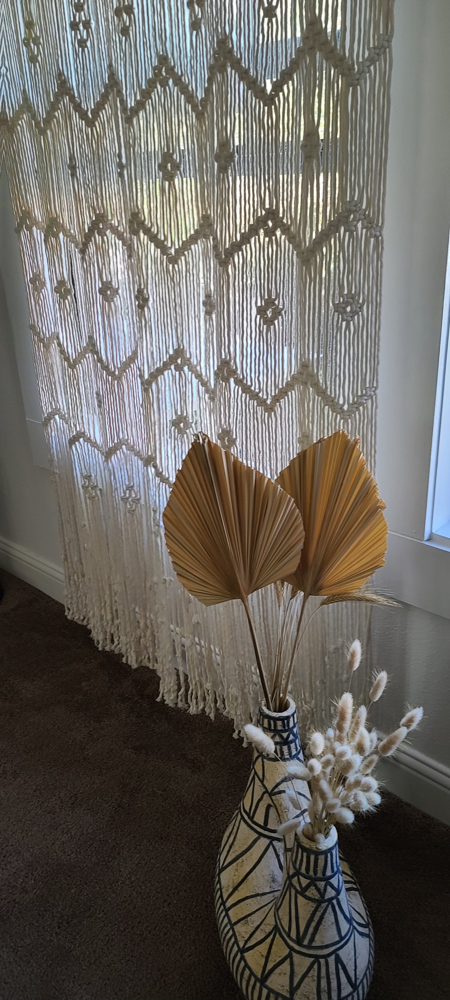 Handmade macrame window panel in off-white