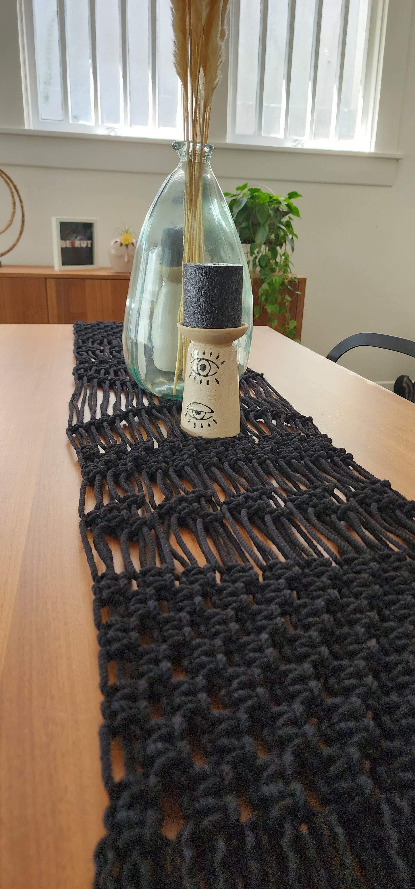 Gothic home decor. Black table runner . Macrame table runner. Tribal design table runner. Goth home decor. Elegant Halloween decor Halloween table . Handmade cotton table runner. sustainable decor