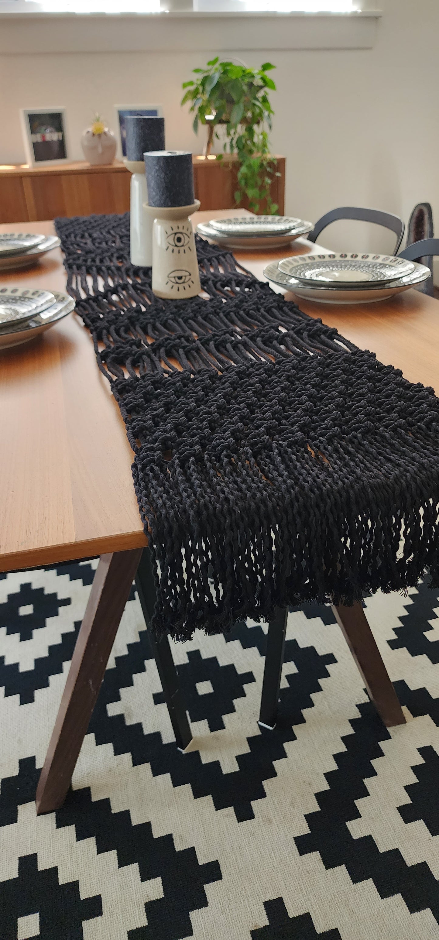 Handmade macrame table runner. 100% recycled cotton black table runner. dining table decor , Black table runner