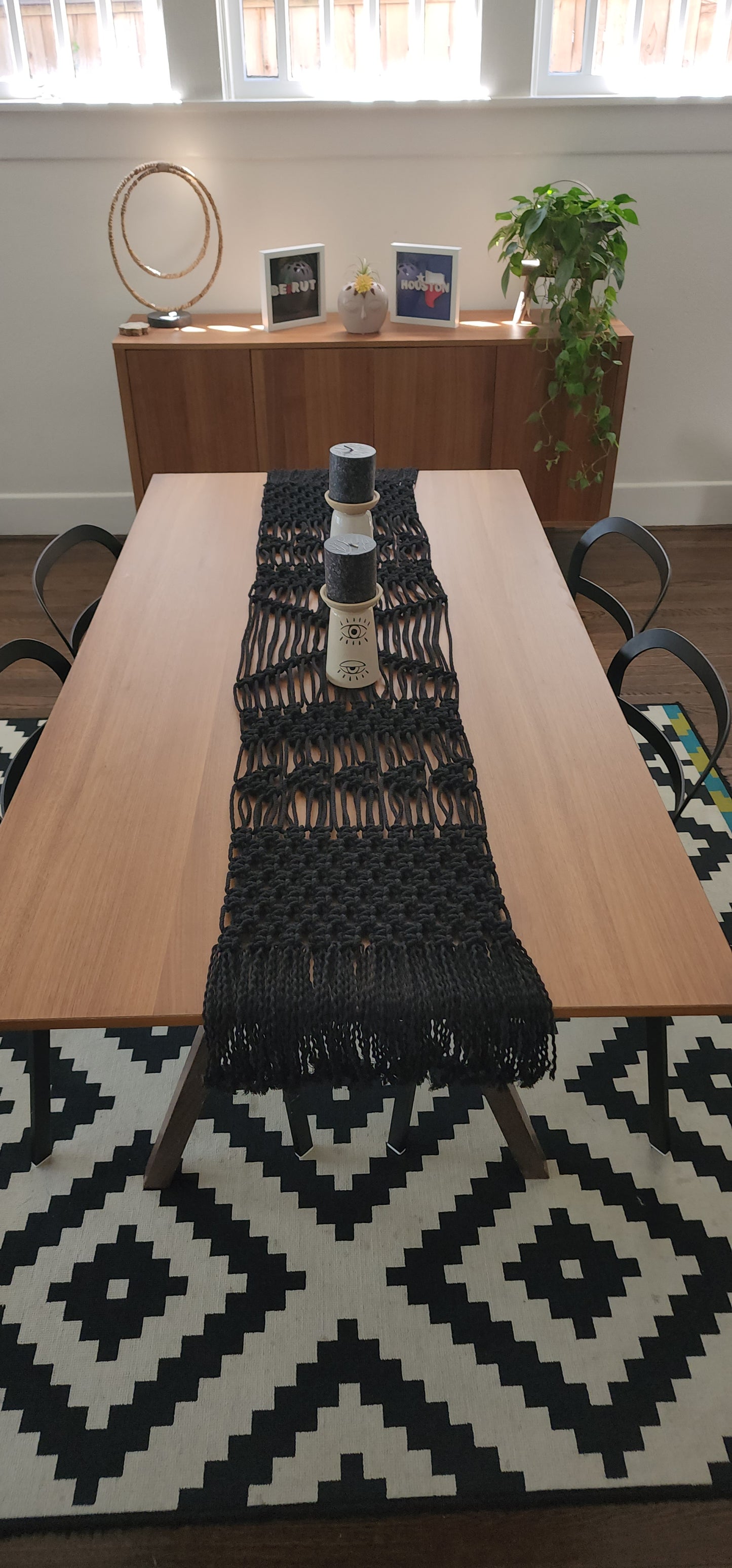 Gothic home decor. Black table runner . Macrame table runner. Tribal design table runner. Goth home decor. Elegant Halloween decor Halloween table . Handmade cotton table runner. sustainable decor. Edgy home decor. modern tribal dinning room decor