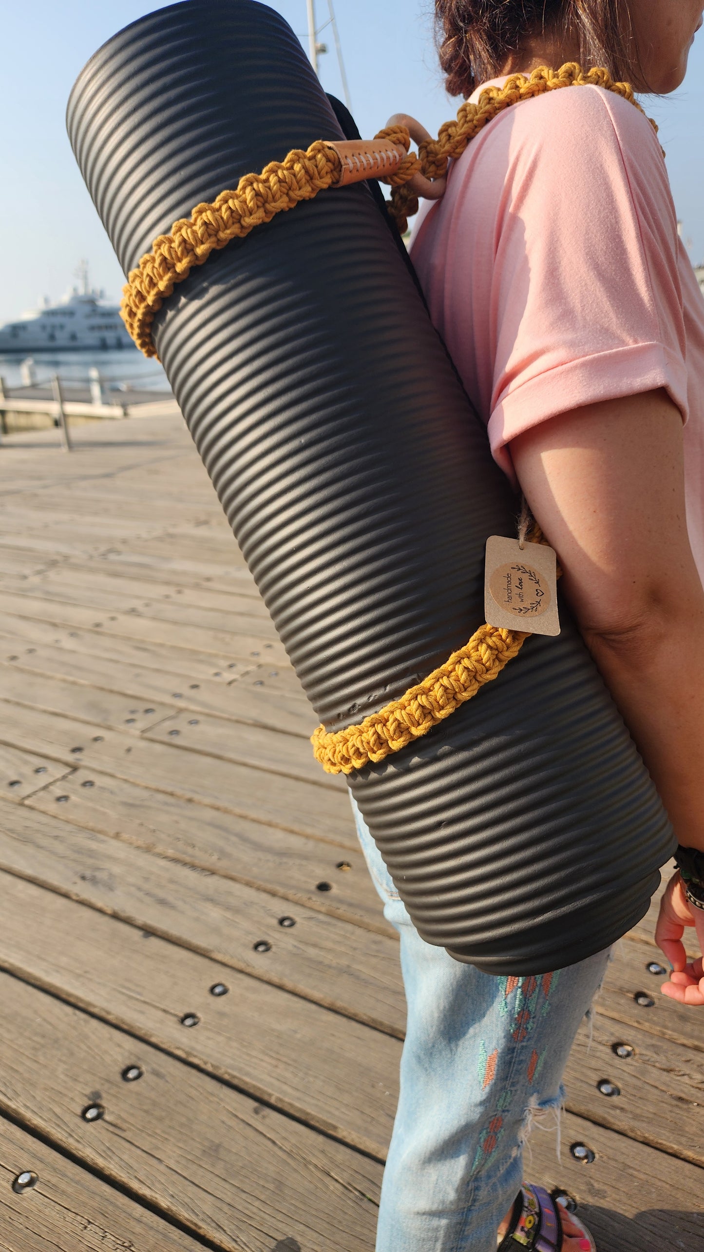 Macrame Yoga Mat Strap with Leather Beads