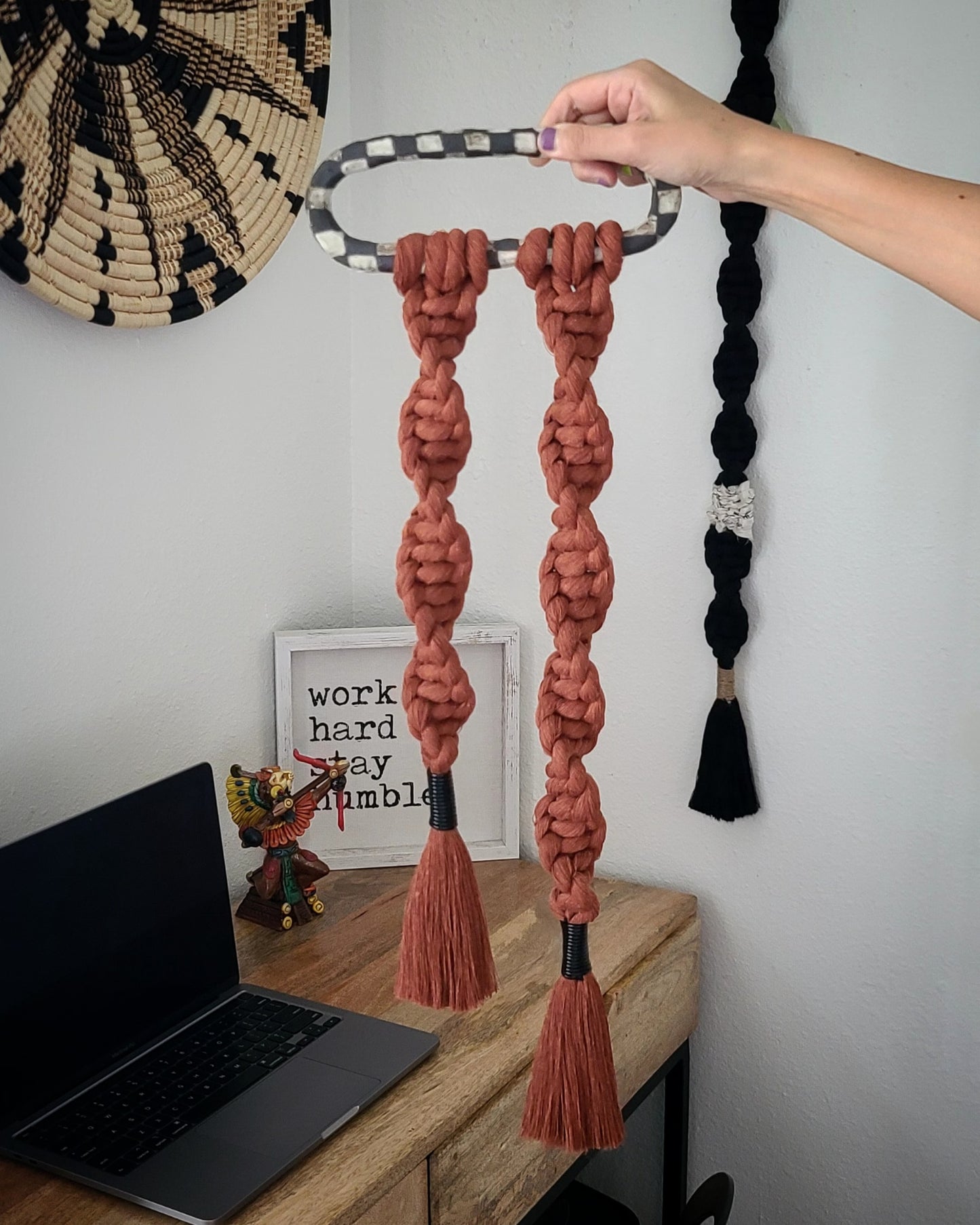 Ceramic Checkered Macrame Wall Accent